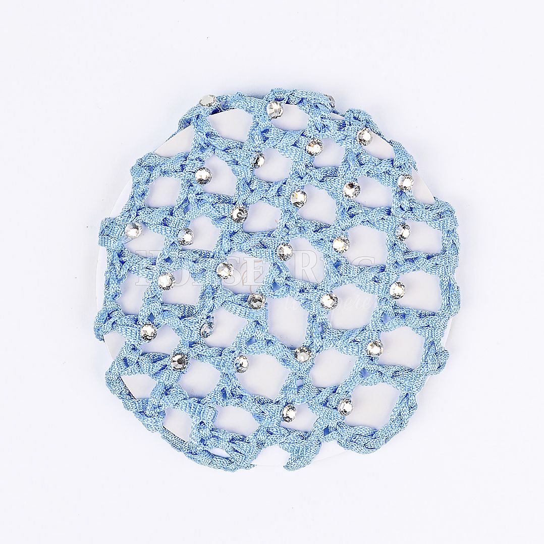 blue crocheted hair net with diamantes