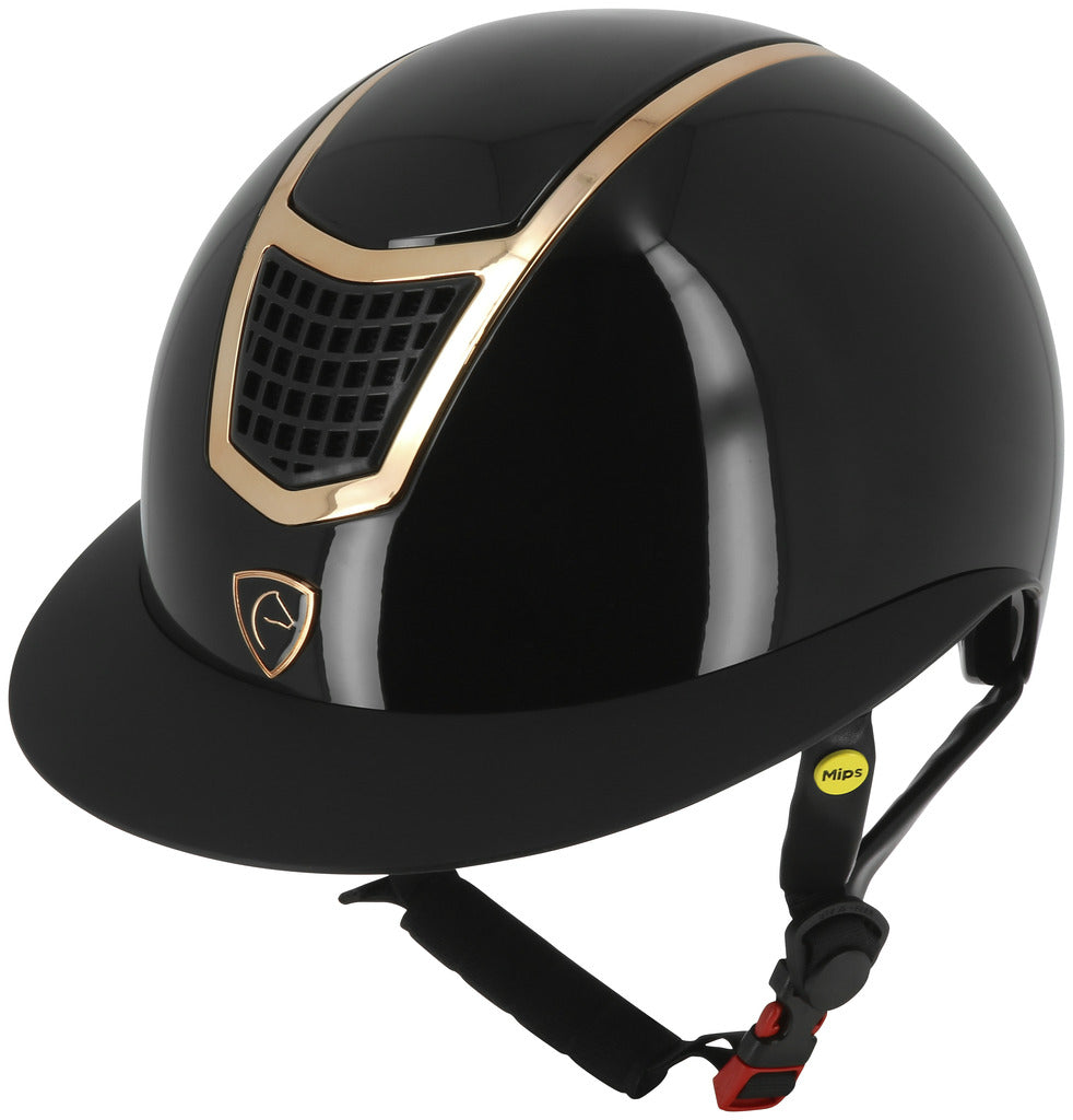 gloss black horse riding helmet with gold trim and grid ventilation