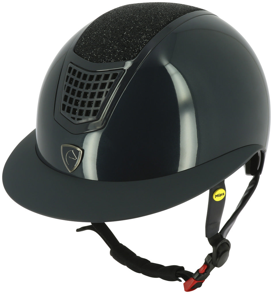 gloss blue horse riding helmet with sparkling top and grid ventilation