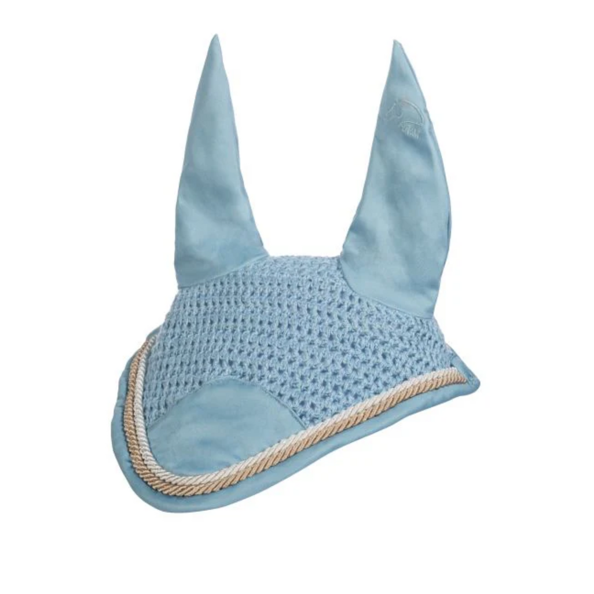 Light blue bonnet with white and cream rope trim.