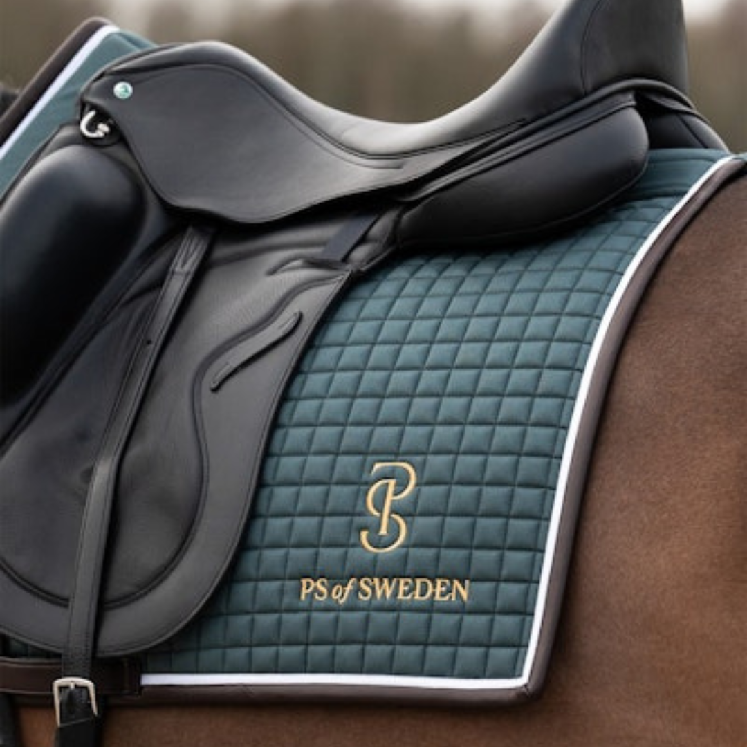 Storm blue dressage pad with brown leather trim on a bay horse with a black saddle 