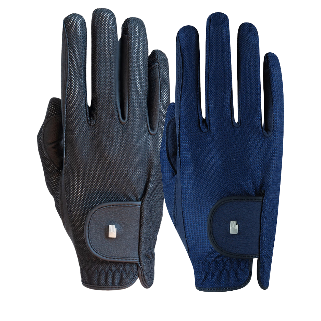 Black and navy horse riding gloves made by roeckl with mesh back for summer