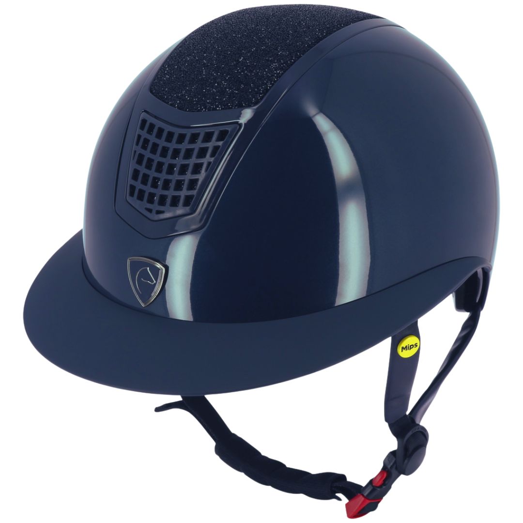 gloss black horse riding helmet with gold trim and grid ventilation