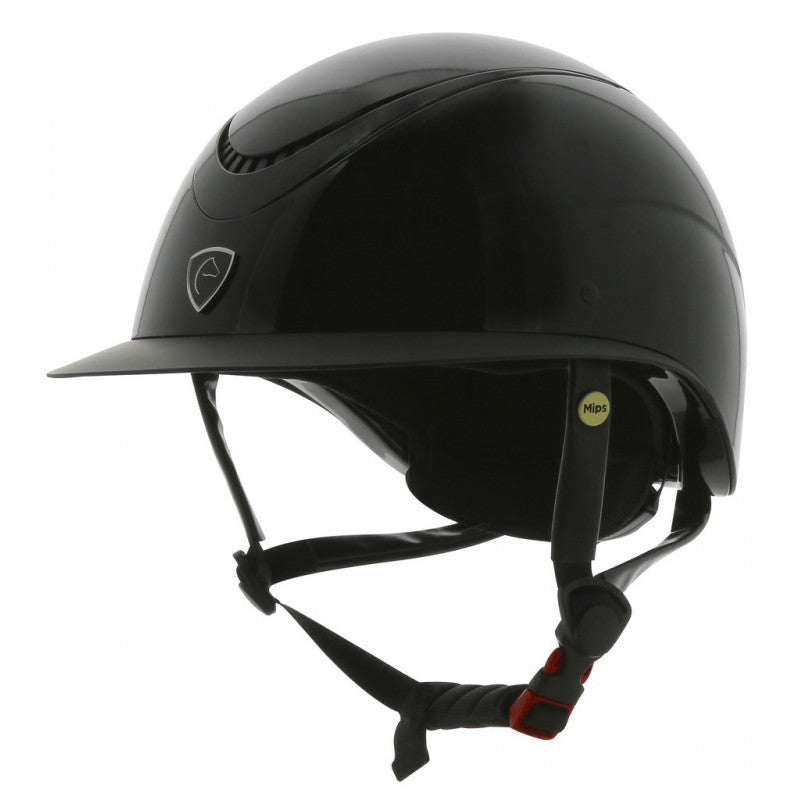 gloss black horse riding helmet with wide brim and mips