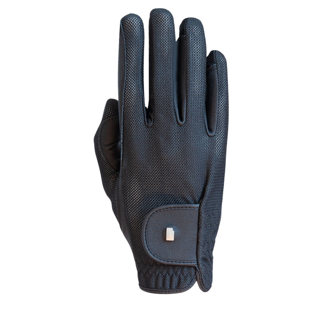 Black and navy horse riding gloves made by roeckl with mesh back for summer